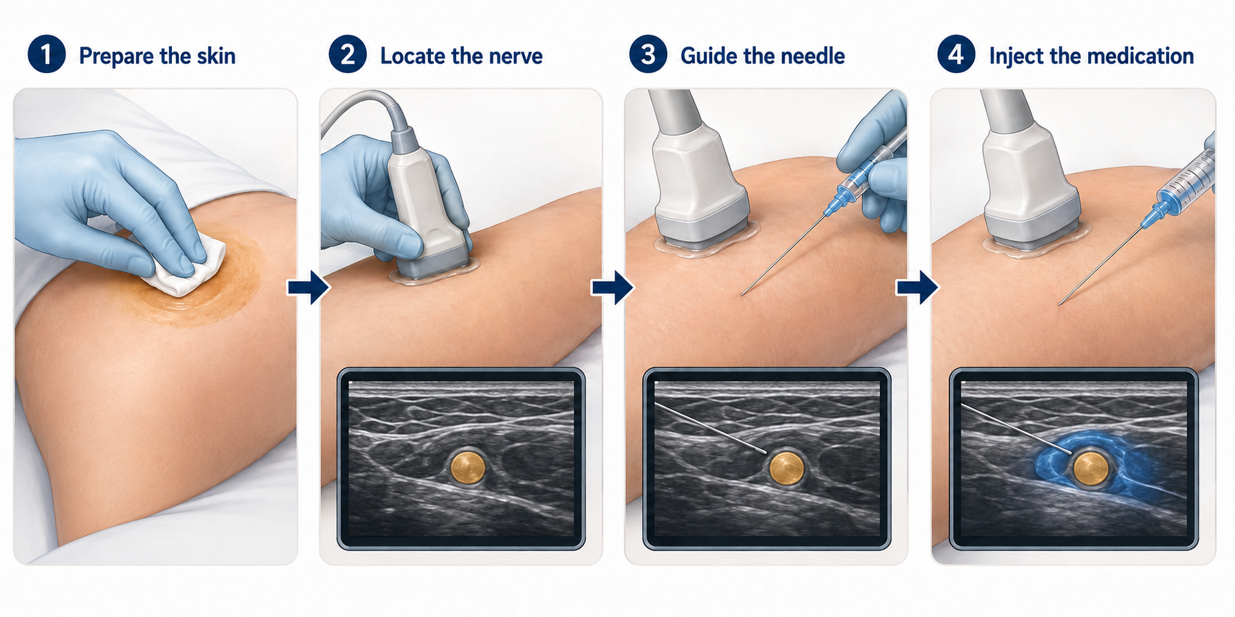 Illustrated diagram showing skin preparation, ultrasound identification of a nerve, image-guided needle placement and medication injected around the nerve.
